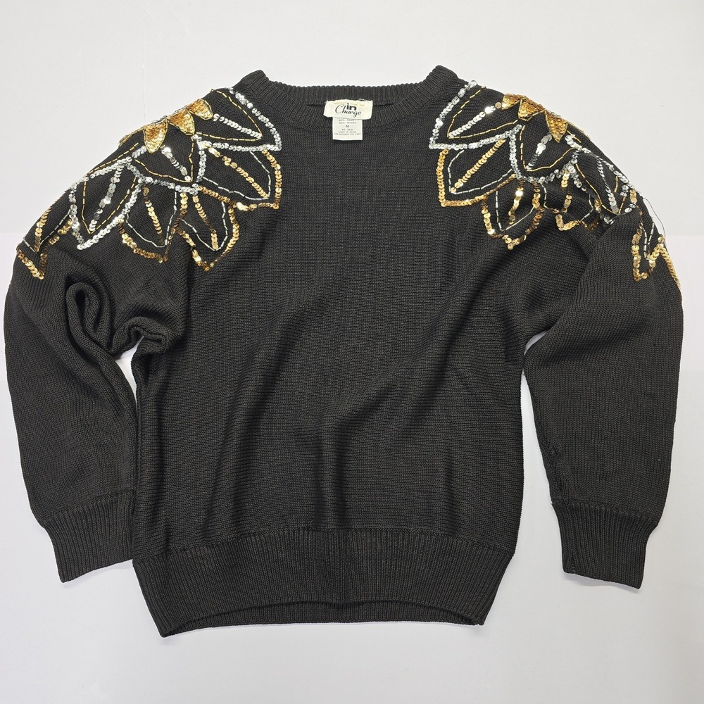 Vintage In Charge Black Sequin Beaded Sweater Womens‎ Medium Gold Silver Ramie M